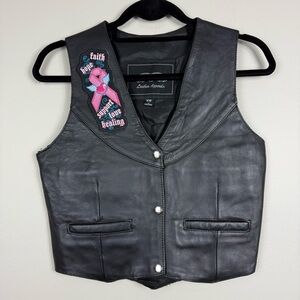 UNIK Leather Vest Womens XS Pink Black Vintage Moto Biker Heart Cancer Blue